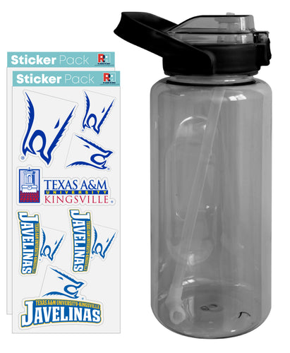 Texas A&M Kingsville Javelinas Waterproof Stickers with 64 oz Large Water Bottle with Screw-on Top and Straw Officially Licensed Product Single