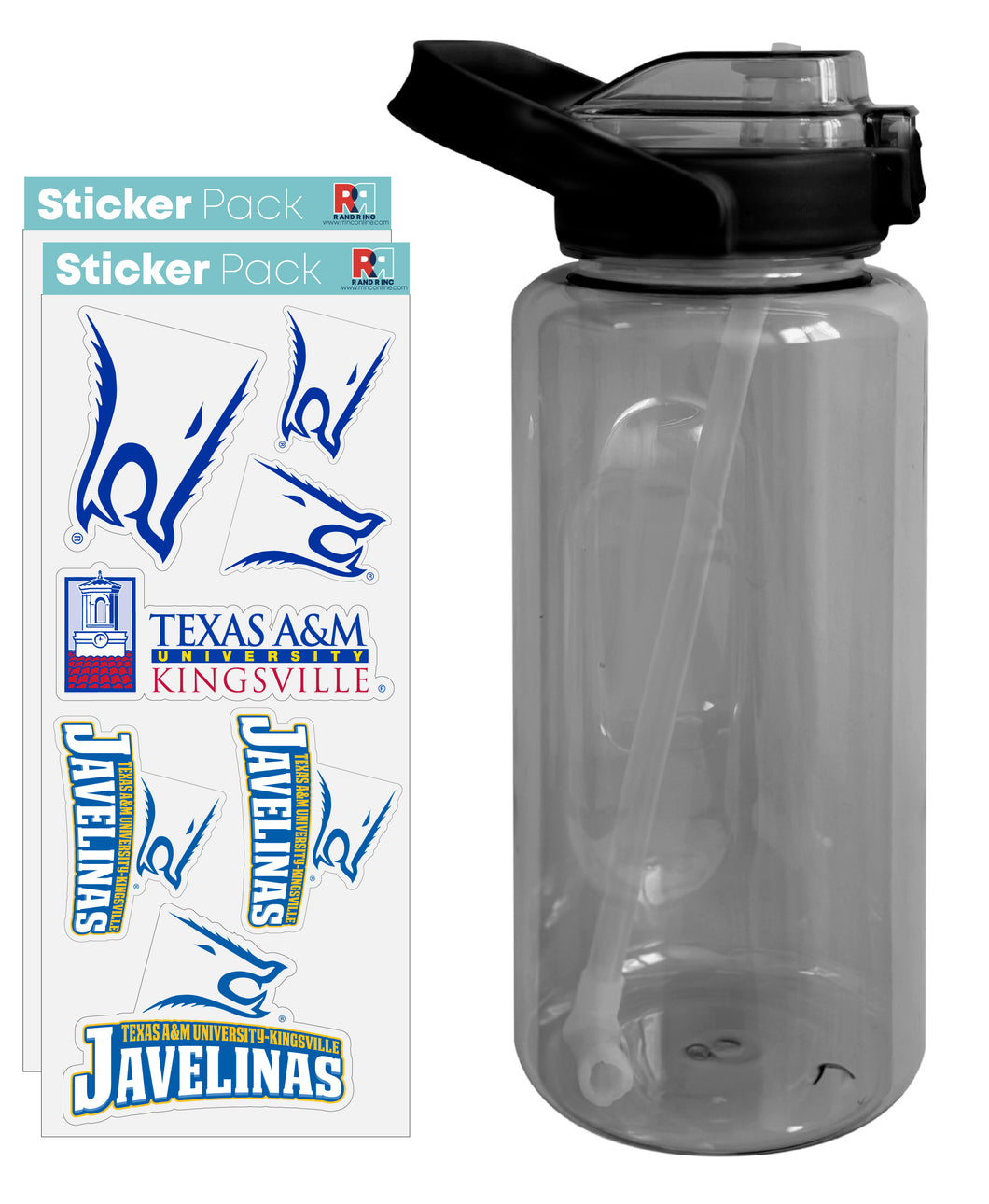 Texas A&M Kingsville Javelinas Waterproof Stickers with 64 oz Large Water Bottle with Screw-on Top and Straw Officially Licensed Product Single