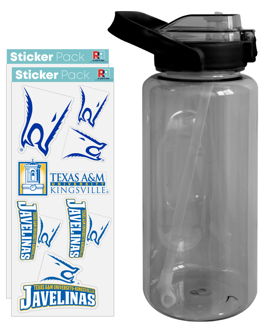 64 oz Large Water Bottle with Texas A&M Kingsville Javelinas Waterproof Stickers, Screw-on Top and Straw Officially Licensed Product