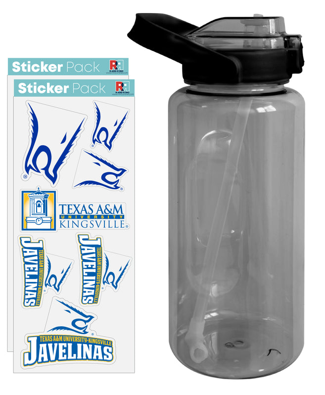 64 oz Large Water Bottle with Texas A&M Kingsville Javelinas Waterproof Stickers, Screw-on Top and Straw Officially Licensed Product