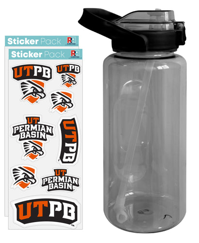 University of Texas of the Permian Basin Waterproof Stickers with 64 oz Large Water Bottle with Screw-on Top and Straw Officially Licensed Product Single