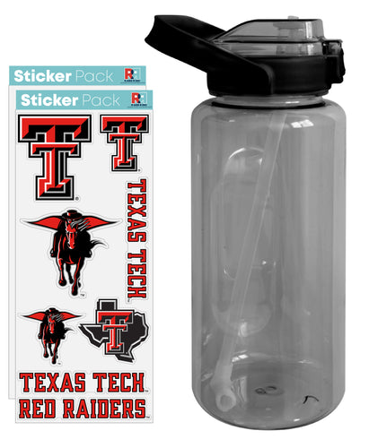 Texas Tech Red Raiders Waterproof Stickers with 64 oz Large Water Bottle with Screw-on Top and Straw Officially Licensed Product Single