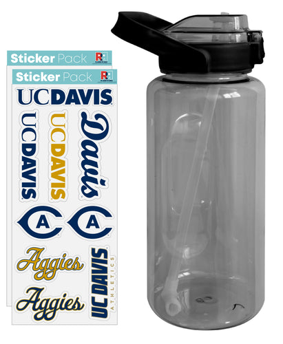 UC Davis Aggies Waterproof Stickers with 64 oz Large Water Bottle with Screw-on Top and Straw Officially Licensed Product Single