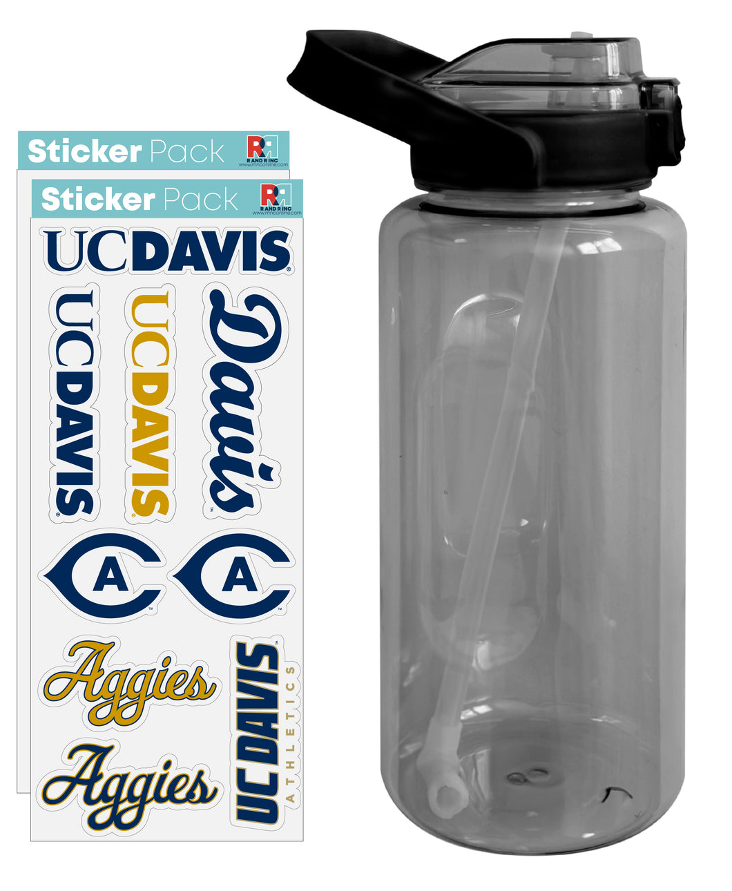 UC Davis Aggies Waterproof Stickers with 64 oz Large Water Bottle with Screw-on Top and Straw Officially Licensed Product Single