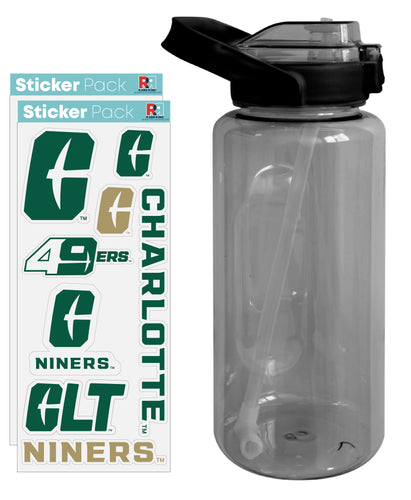North Carolina Charlotte Forty-Niners Waterproof Stickers with 64 oz Large Water Bottle with Screw-on Top and Straw Officially Licensed Product 2-Pack