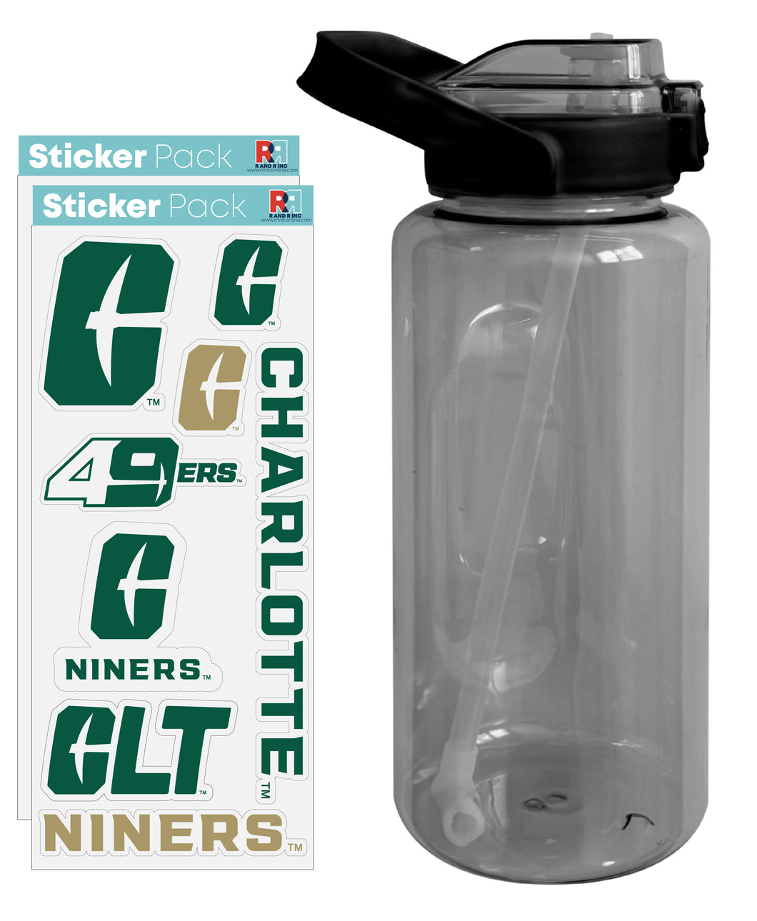 North Carolina Charlotte Forty-Niners Waterproof Stickers with 64 oz Large Water Bottle with Screw-on Top and Straw Officially Licensed Product 2-Pack