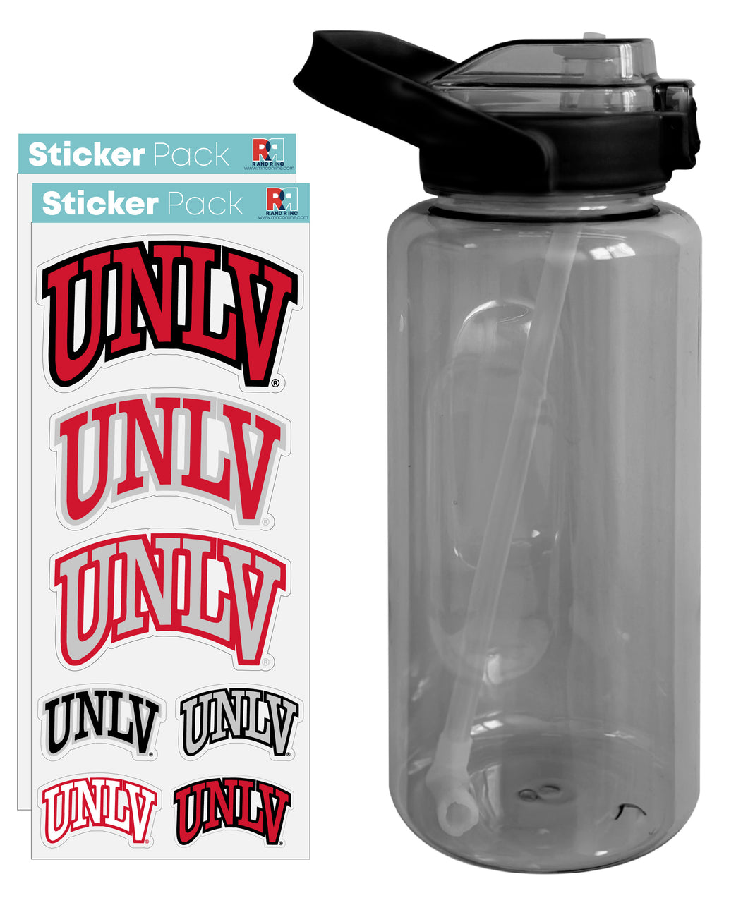 UNLV Rebels Waterproof Stickers with 64 oz Large Water Bottle with Screw-on Top and Straw Officially Licensed Product Single