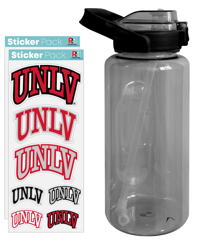 UNLV Rebels Waterproof Stickers with 64 oz Large Water Bottle with Screw-on Top and Straw Officially Licensed Product Single