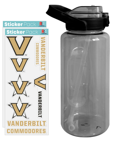 Vanderbilt University Waterproof Stickers with 64 oz Large Water Bottle with Screw-on Top and Straw Officially Licensed Product 2-Pack