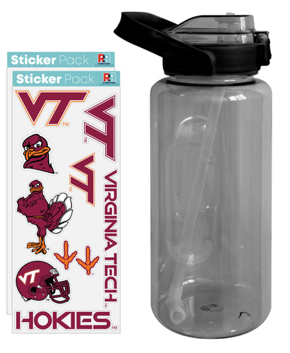 Virginia Tech Hokies Waterproof Stickers with 64 oz Large Water Bottle with Screw-on Top and Straw Officially Licensed Product Single