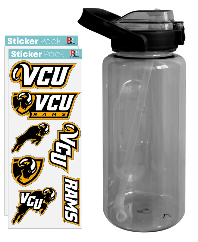 Virginia Commonwealth Waterproof Stickers with 64 oz Large Water Bottle with Screw-on Top and Straw Officially Licensed Product 2-Pack