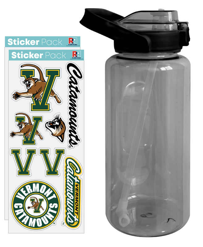 Vermont Catamounts Waterproof Stickers with 64 oz Large Water Bottle with Screw-on Top and Straw Officially Licensed Product 4-Pack