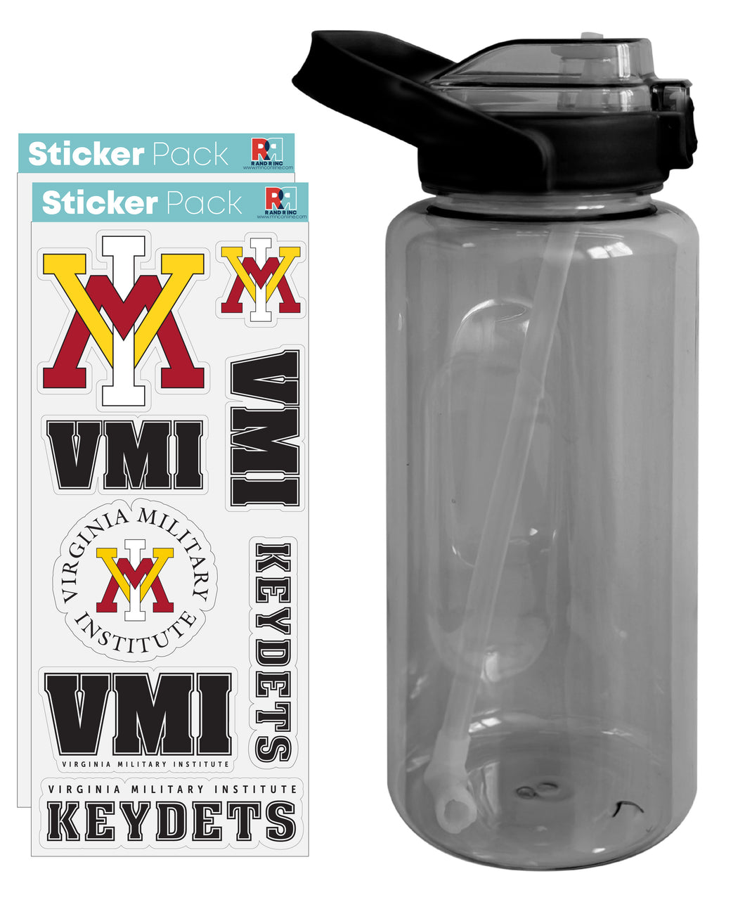 VMI Keydets Waterproof Stickers with 64 oz Large Water Bottle with Screw-on Top and Straw Officially Licensed Product Single