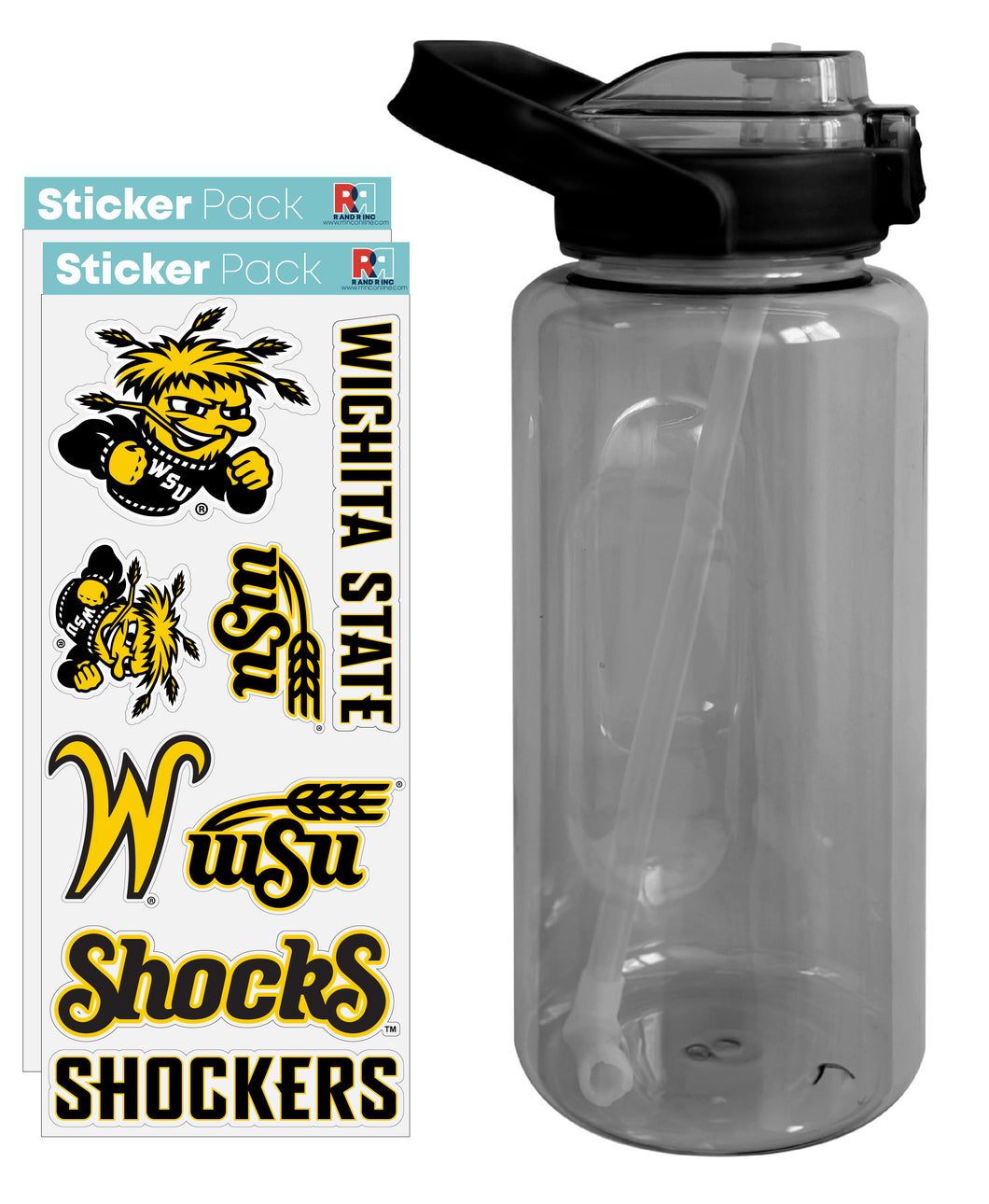 Wichita State Shockers Waterproof Stickers with 64 oz Large Water Bottle with Screw-on Top and Straw Officially Licensed Product 4-Pack