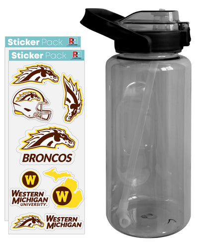 Western Michigan University Waterproof Stickers with 64 oz Large Water Bottle with Screw-on Top and Straw Officially Licensed Product 2-Pack