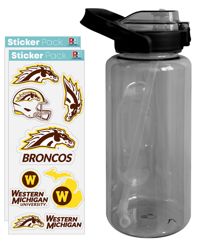 Western Michigan University Waterproof Stickers with 64 oz Large Water Bottle with Screw-on Top and Straw Officially Licensed Product 2-Pack