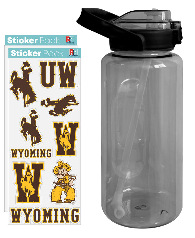 University of Wyoming Waterproof Stickers with 64 oz Large Water Bottle with Screw-on Top and Straw Officially Licensed Product 2-Pack