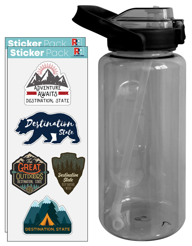 64 oz Large Water Bottle with Custom Camp Waterproof Stickers, Screw-on Top and Straw