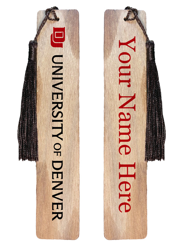 University of Denver Pioneers Personalized Wooden Bookmark with Tassel – Officially Licensed Collegiate Product Wood Background