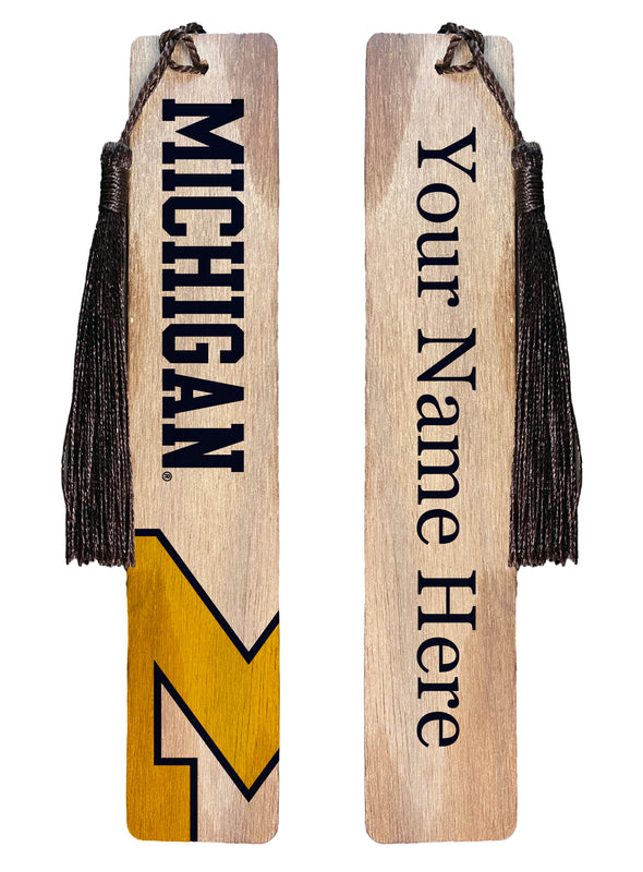 Michigan Wolverines Personalized Wooden Bookmark with Tassel – Officially Licensed Collegiate Product Wood Background