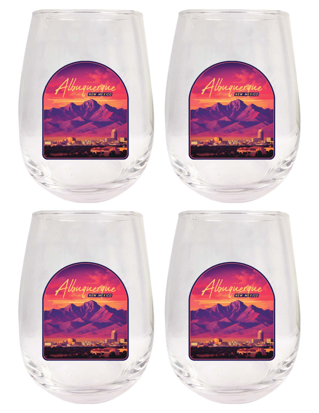 Alburqueque New Mexico Design B Souvenir 15 oz Stemless Wine Glass 4-Pack