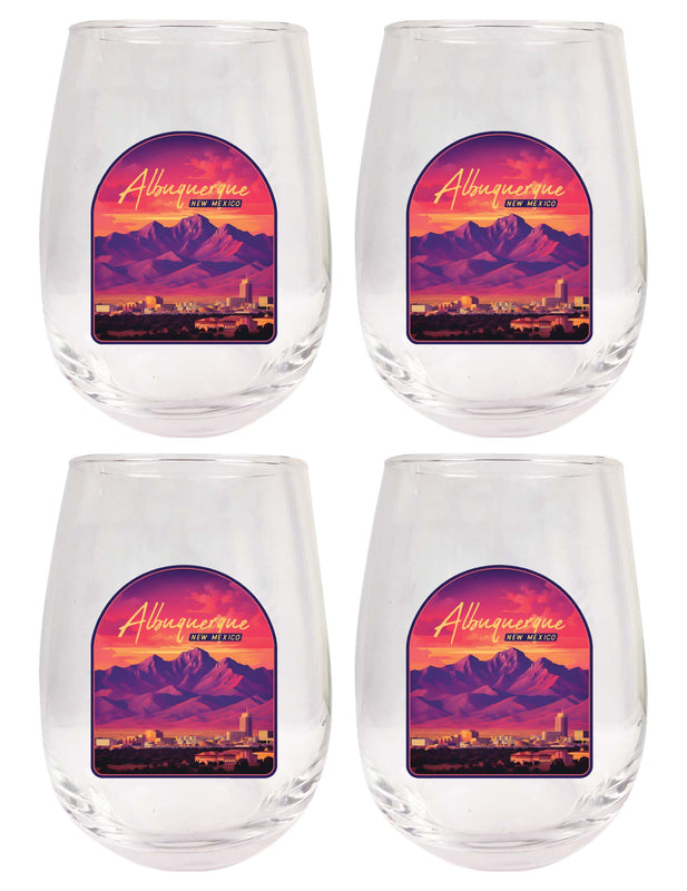 Alburqueque New Mexico Design B Souvenir 15 oz Stemless Wine Glass 4-Pack