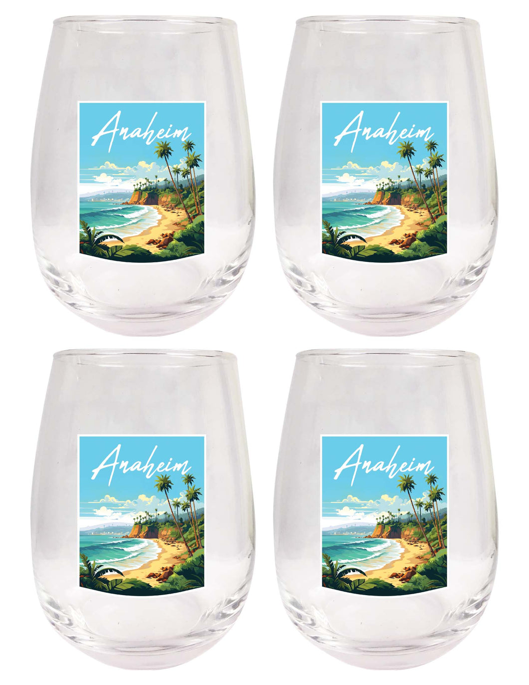 Anaheim California Design B Souvenir 15 oz Stemless Wine Glass 4-Pack 