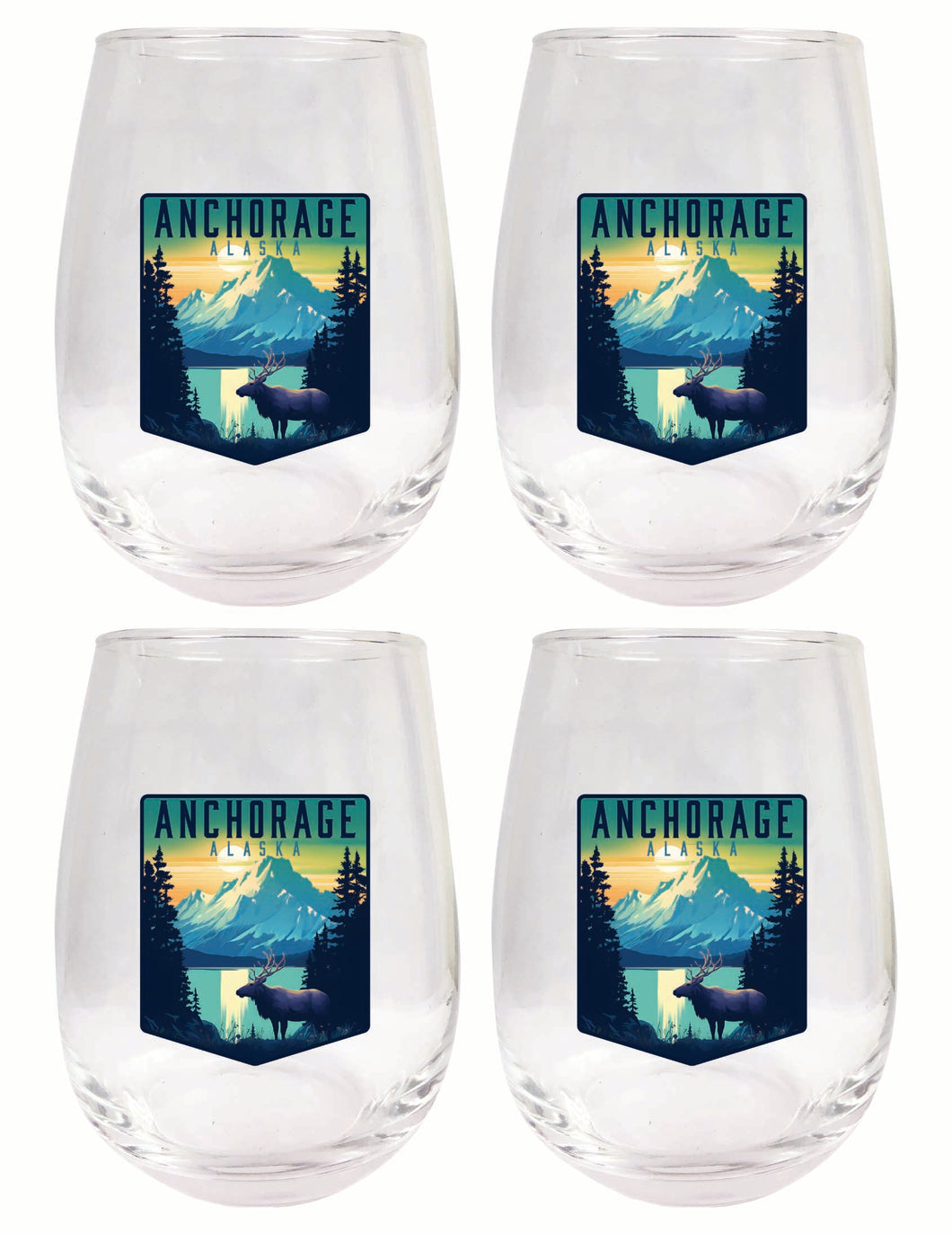 Anchorage Alaska Moose and Mountains Design Souvenir 15 oz Stemless Wine Glass 4-Pack 