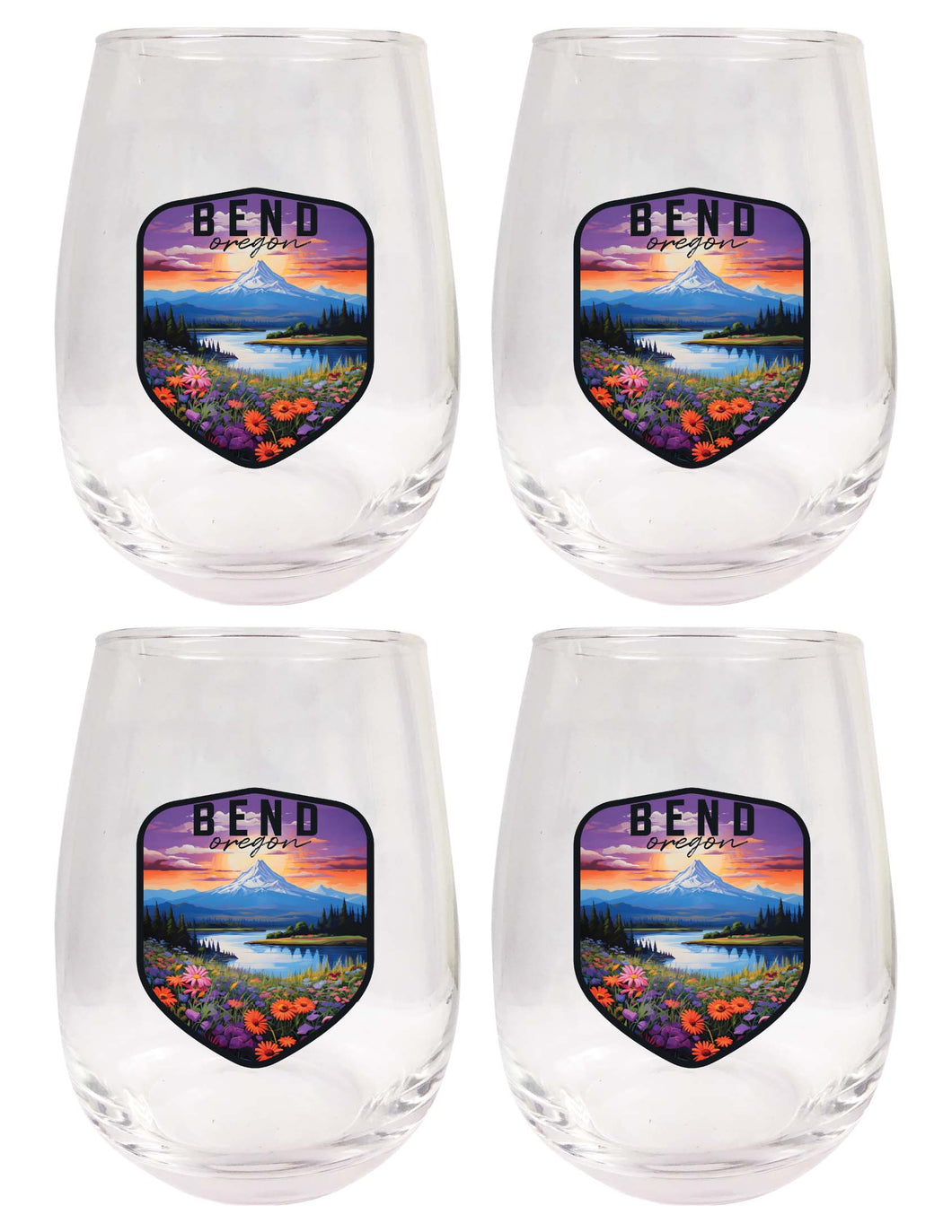 Bend Oregon Design A Souvenir 15 oz Stemless Wine Glass 4-Pack 