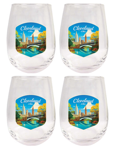 Cleveland Ohio Design B Souvenir 15 oz Stemless Wine Glass 4-Pack 