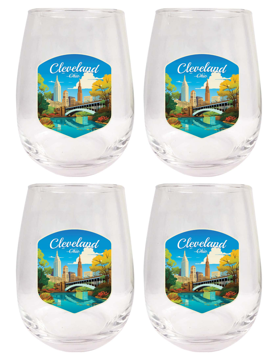 Cleveland Ohio Design B Souvenir 15 oz Stemless Wine Glass 4-Pack 