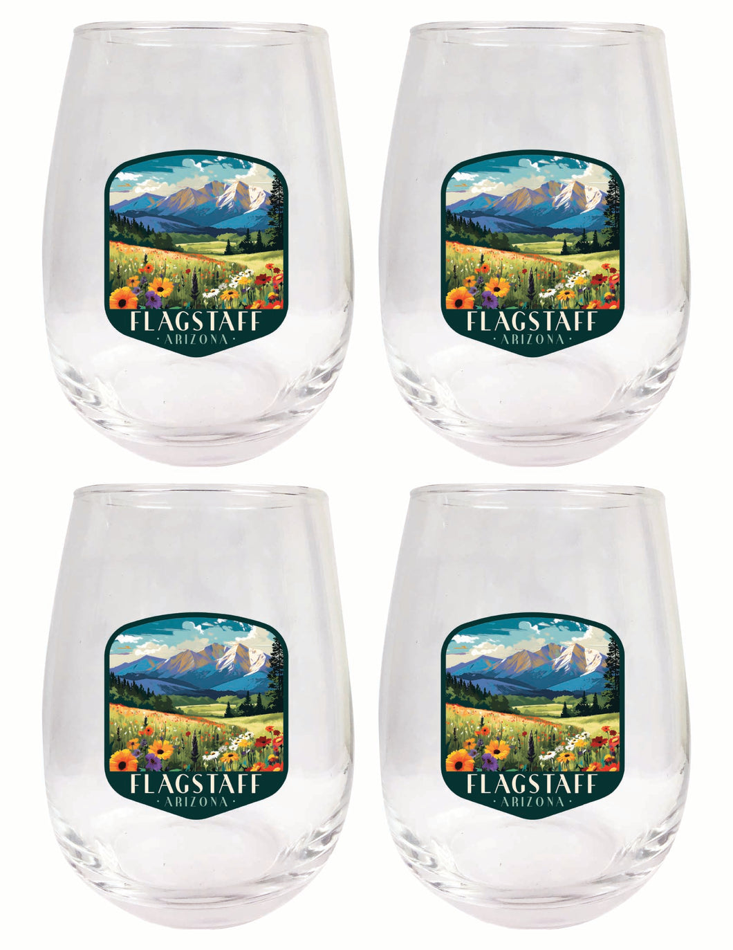 Flagstaff Arizona Design C Souvenir 15 oz Stemless Wine Glass 4-Pack 