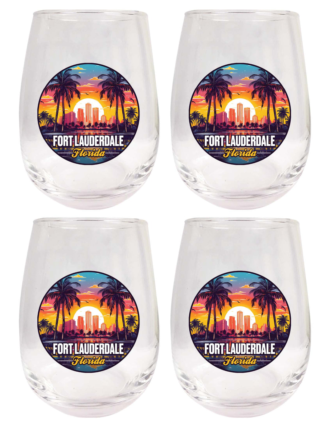 Fort Lauderdale Florida Design B Souvenir 15 oz Stemless Wine Glass 4-Pack 