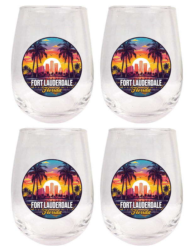 Fort Lauderdale Florida Design B Souvenir 15 oz Stemless Wine Glass 4-Pack 