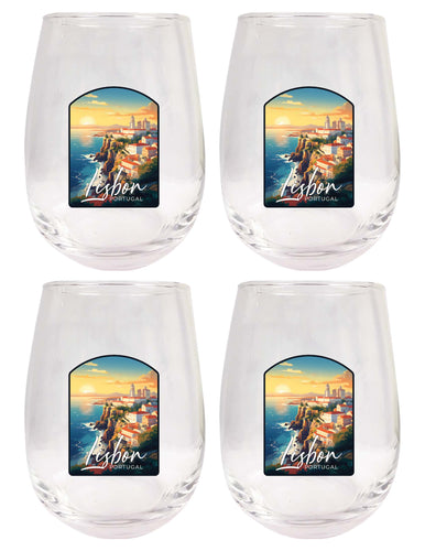 Lisbon Portugal Design B Souvenir 15 oz Stemless Wine Glass 4-Pack
