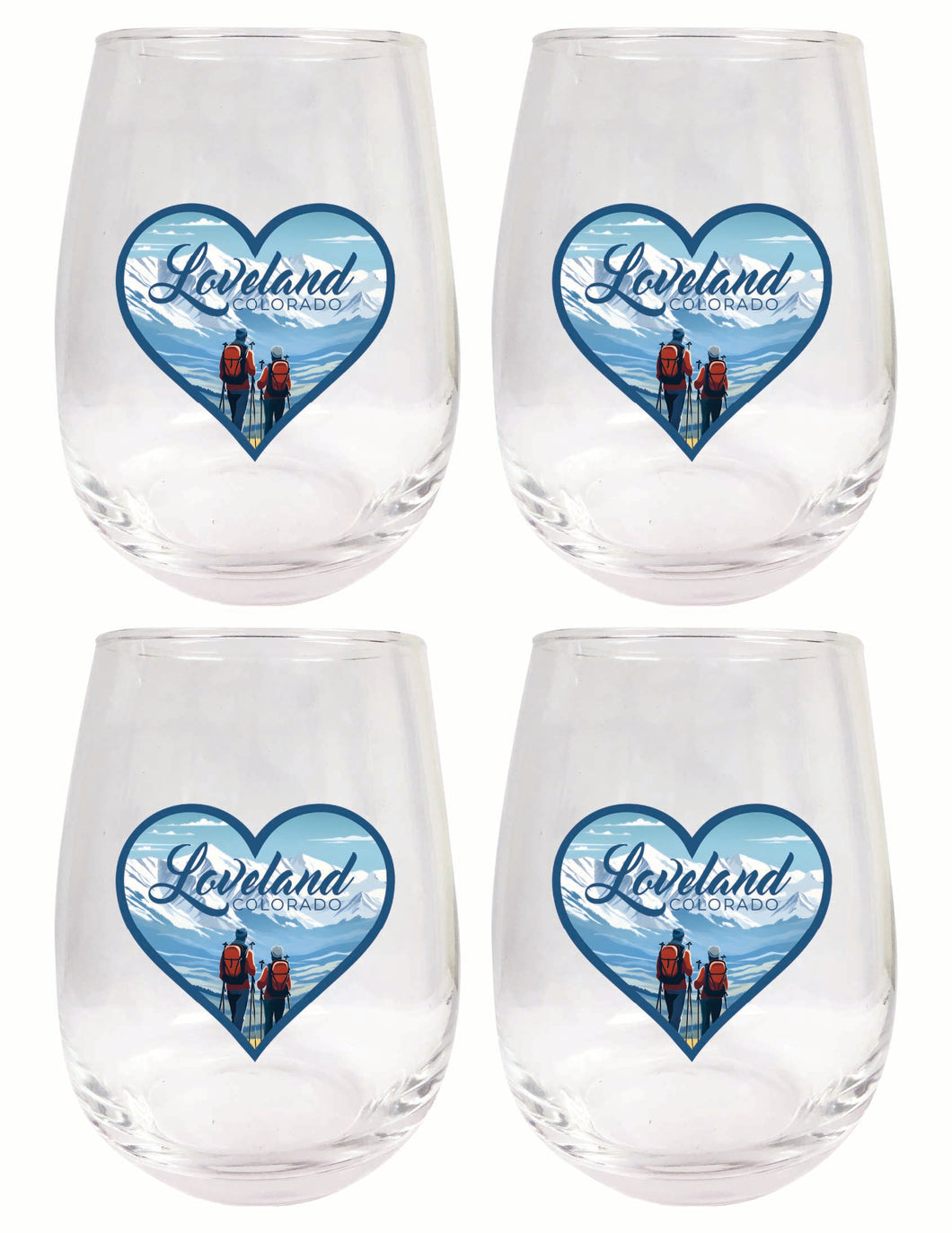 Loveland Colorado Ski Love Design Souvenir 15 oz Stemless Wine Glass 4-Pack 