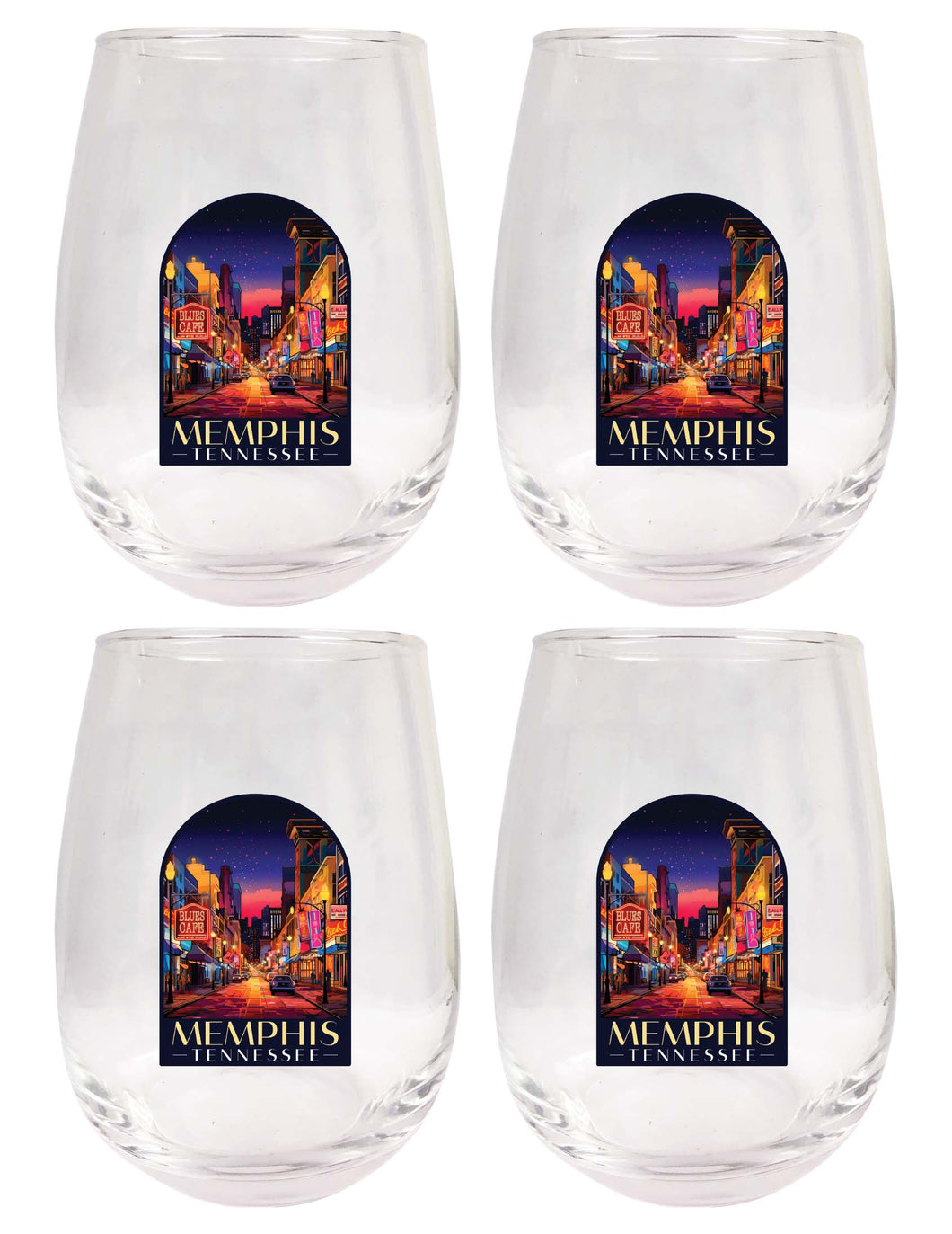 Memphis Tennessee Design C Souvenir 15 oz Stemless Wine Glass 4-Pack