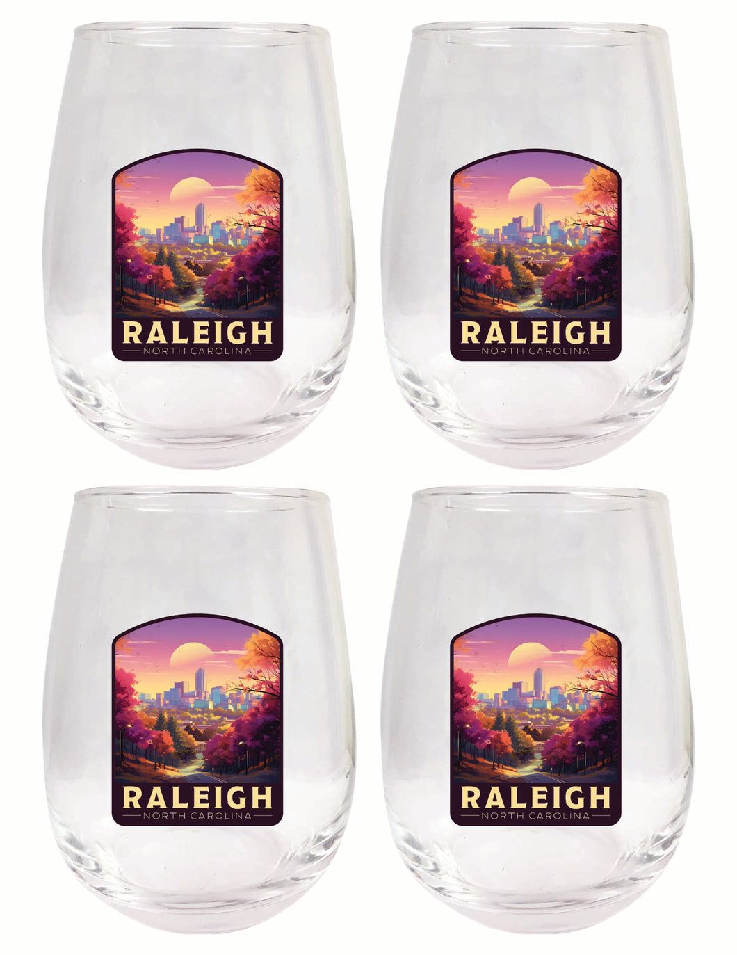 Raleigh North Carolina City of Oaks Design Souvenir 15 oz Stemless Wine Glass 4-Pack 