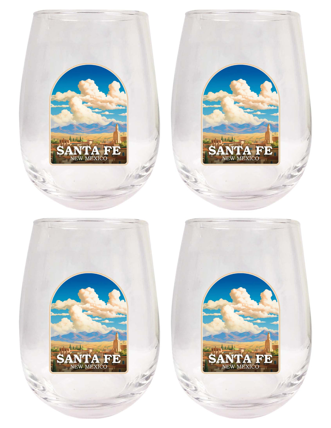 Santa Fe New Mexico Design A Souvenir 15 oz Stemless Wine Glass 4-Pack 