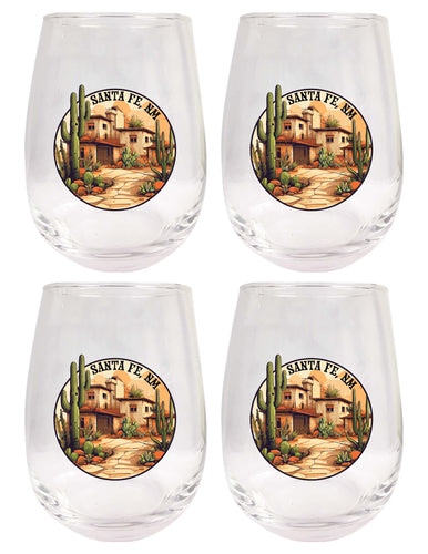 Santa Fe New Mexico Design D Souvenir 15 oz Stemless Wine Glass 4-Pack 