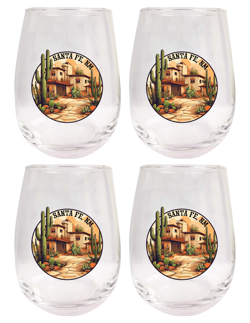 Santa Fe New Mexico Design D Souvenir 15 oz Stemless Wine Glass 4-Pack 