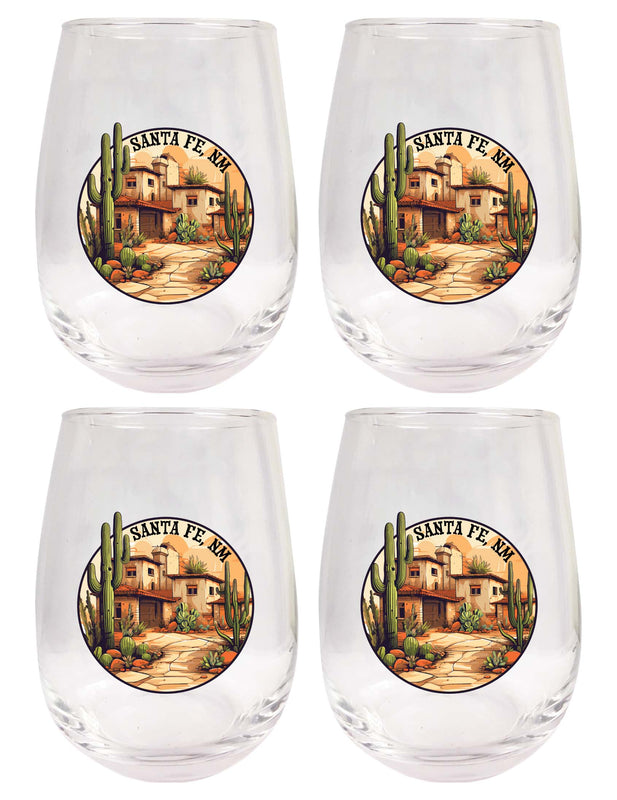 Santa Fe New Mexico Design D Souvenir 15 oz Stemless Wine Glass 4-Pack 