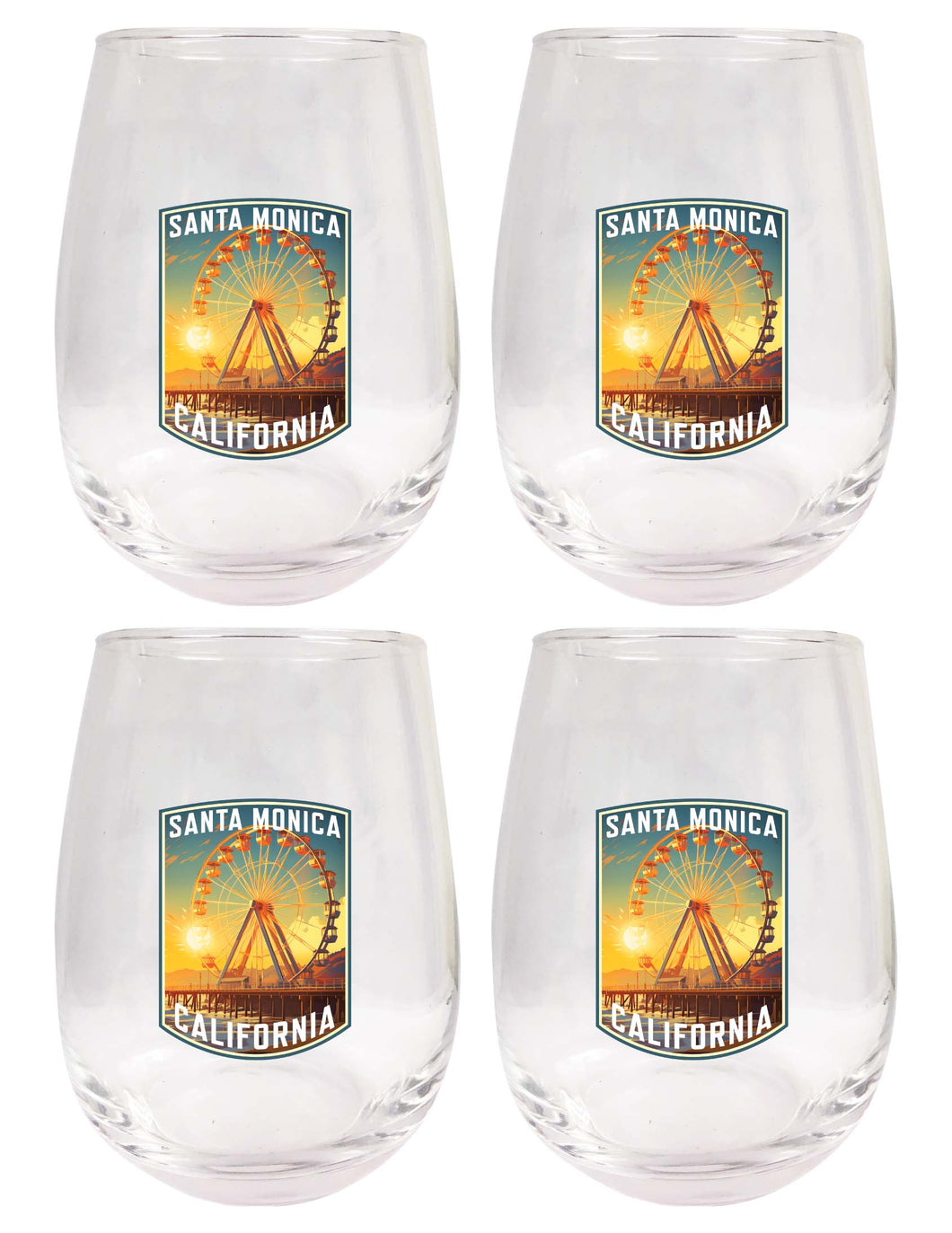Santa Monica California Design C Souvenir 15 oz Stemless Wine Glass 4-Pack 