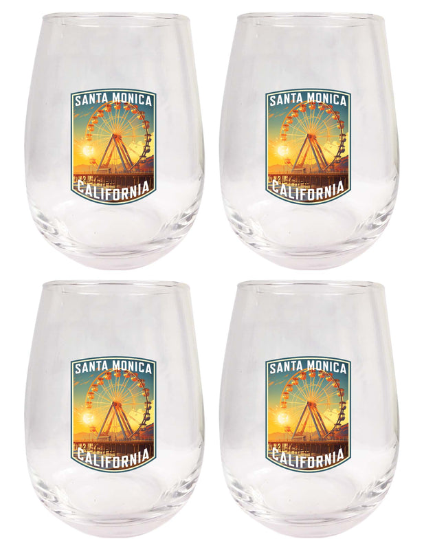 Santa Monica California Design C Souvenir 15 oz Stemless Wine Glass 4-Pack 