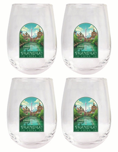 Shanghai China Old Town Design Souvenir 15 oz Stemless Wine Glass 4-Pack 