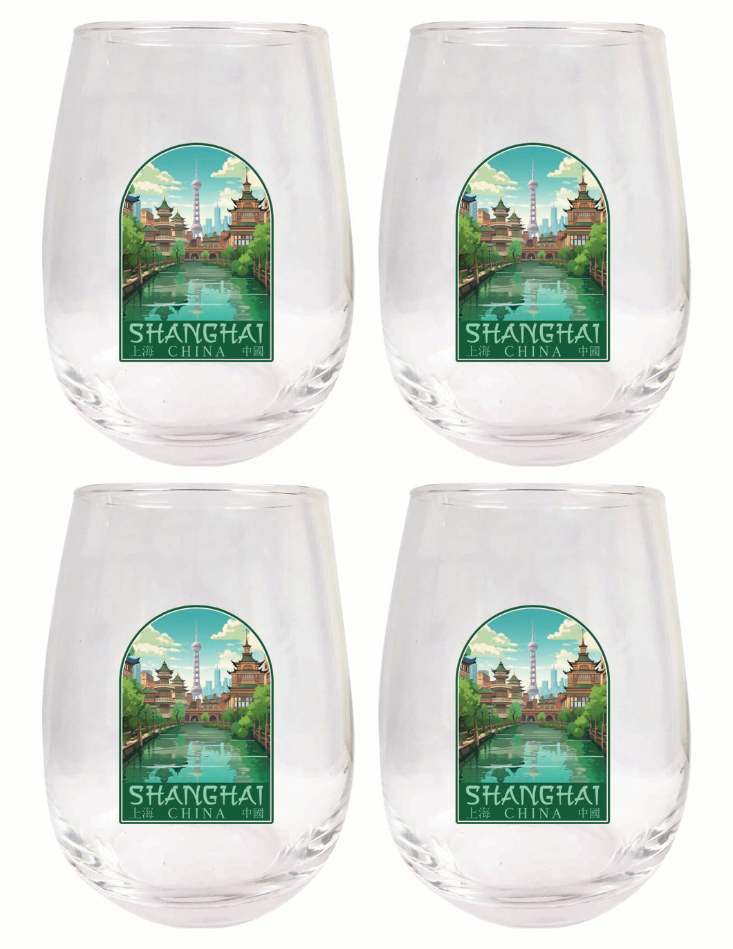 Shanghai China Old Town Design Souvenir 15 oz Stemless Wine Glass 4-Pack 