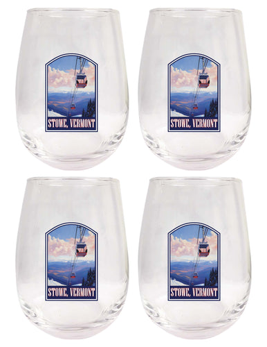Stowe Mountain Vermont Design B Souvenir 15 oz Stemless Wine Glass 4-Pack 