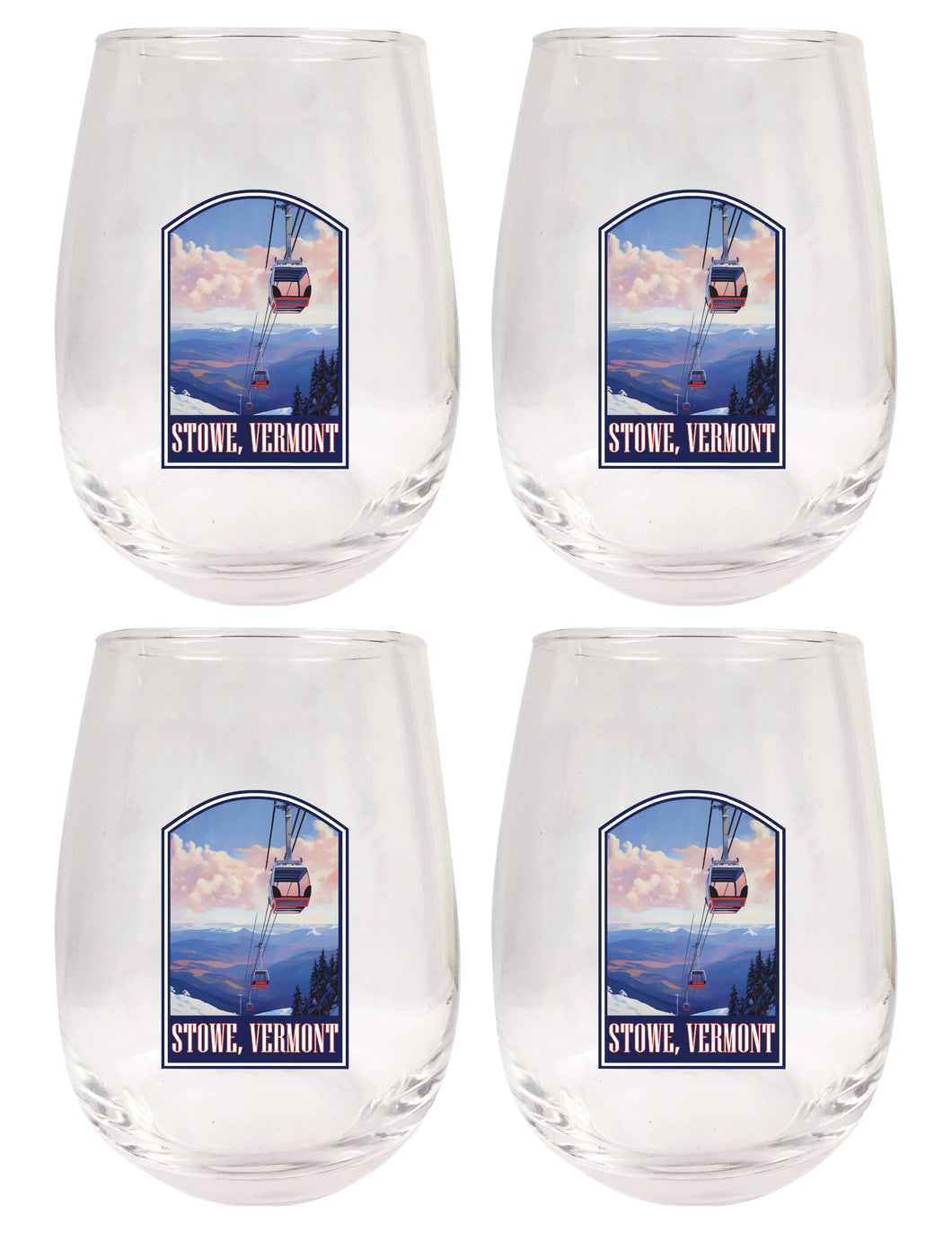 Stowe Mountain Vermont Design B Souvenir 15 oz Stemless Wine Glass 4-Pack 