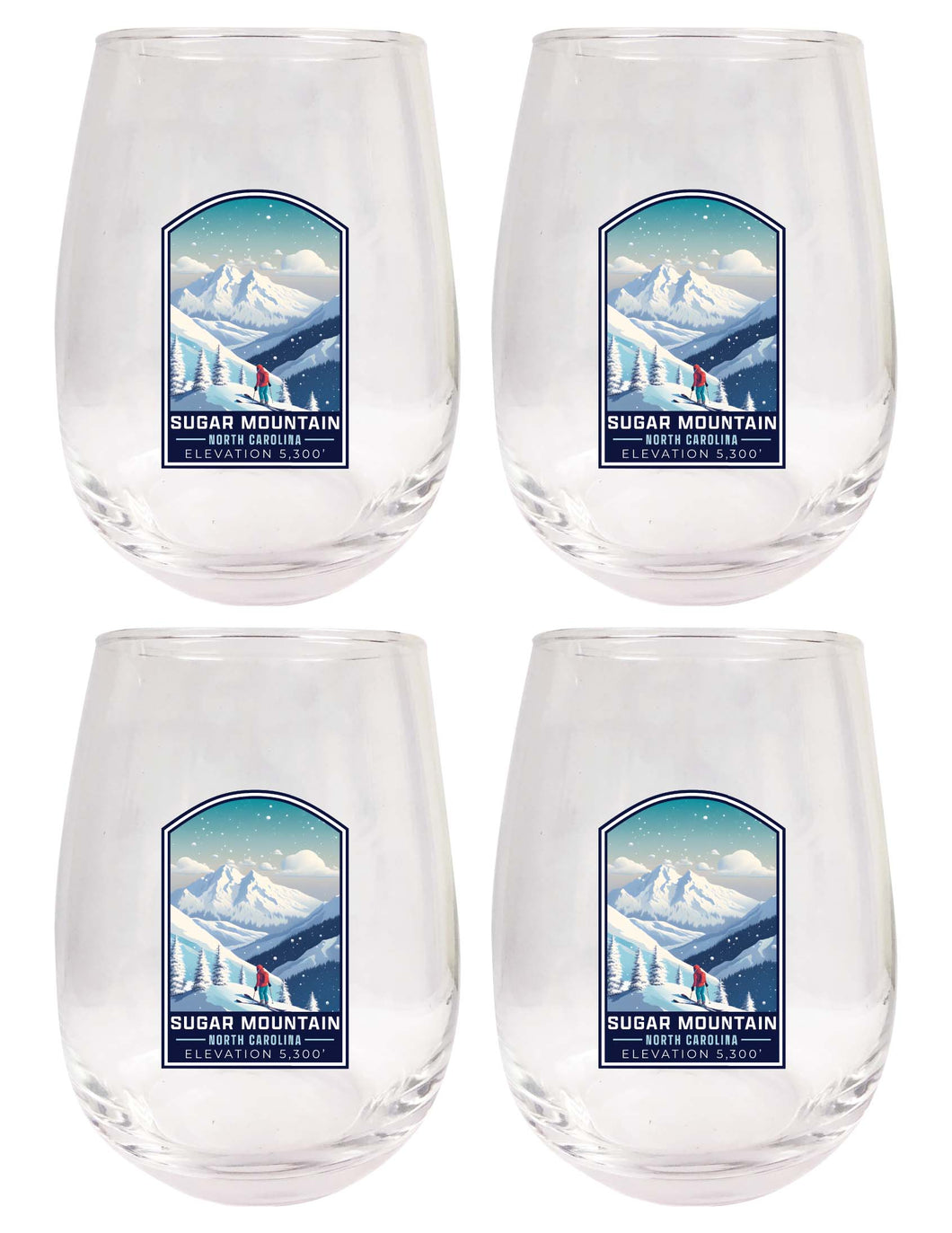 Sugar Mountain North Carolina Design B Souvenir 15 oz Stemless Wine Glass 4-Pack 