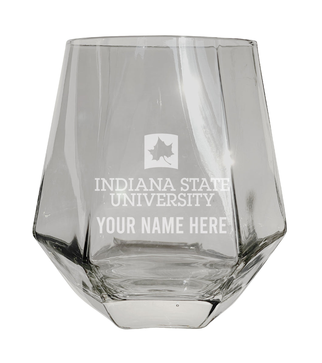 Indiana State University Customizable Stemless Diamond Wine Glass Engraved 10 oz Officially Licensed Collegiate Product Single Unit